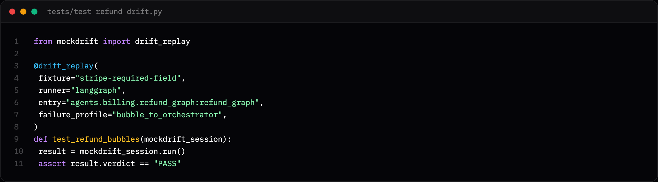 Python test file using the drift_replay decorator