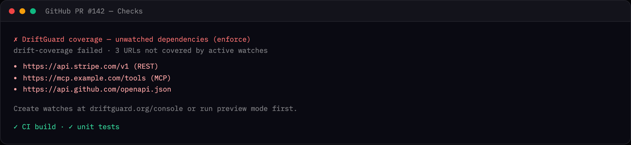 GitHub PR checks showing DriftGuard coverage failure listing unwatched URLs