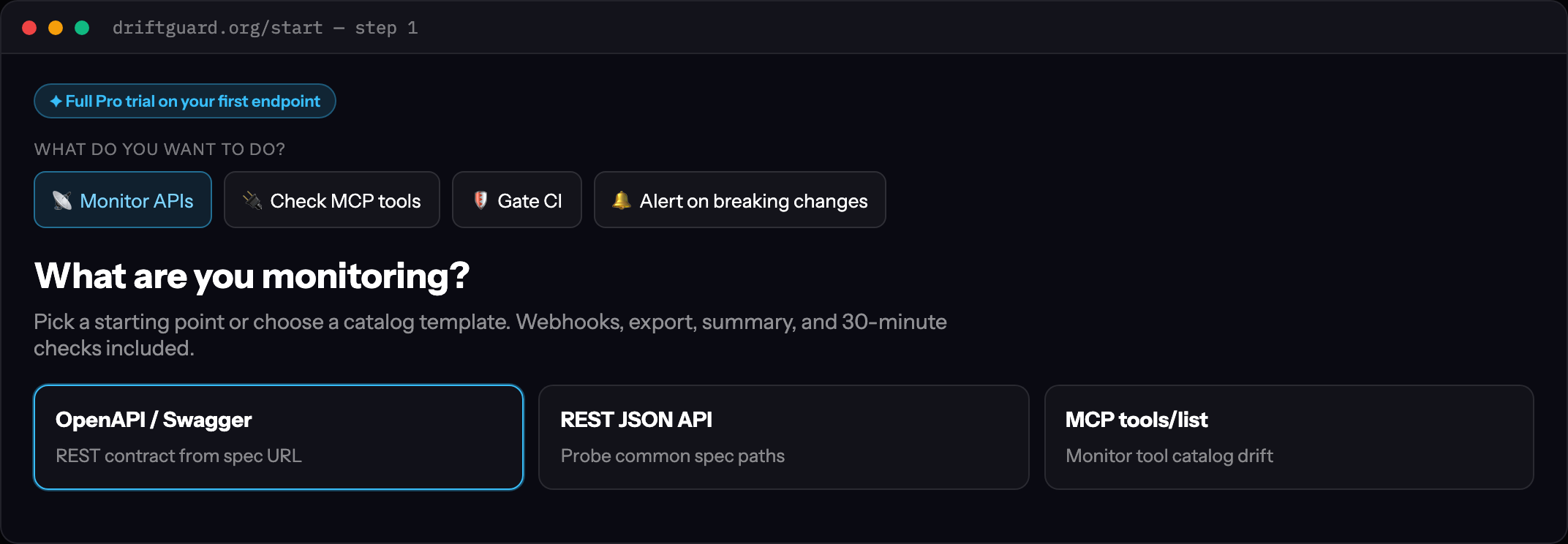 DriftGuard /start wizard — goal chips and OpenAPI watch type selected